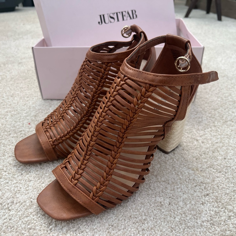 JustFab Tan Woven Heeled Sandals
